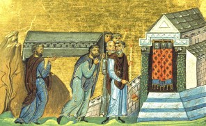 콘스탄티노플로 이장되는 페르시아의 성 아나스타시오_from Menologion of Basil II.jpg